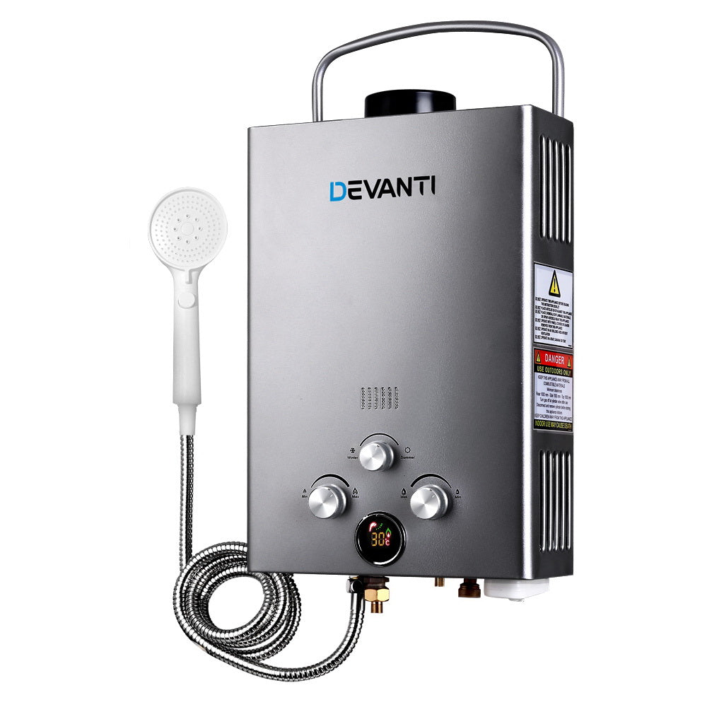 Devanti Portable Gas Water Heater 8L/Min LPG System Grey