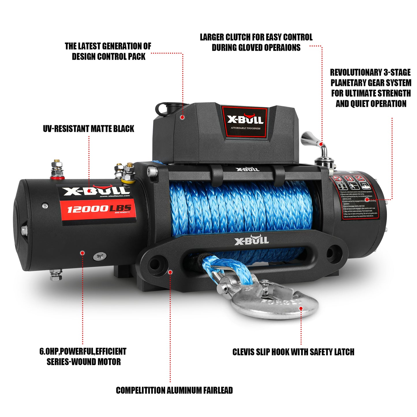 X-BULL Electric Winch 12V 12000LBS/5454kg 26M Synthetic Rope Wireless Remote 4WD 4X4