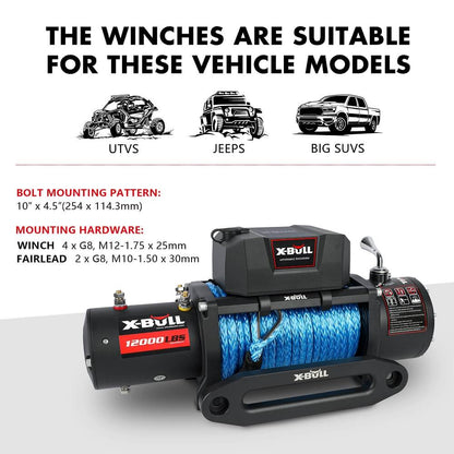 X-BULL 12V Electric Winch 12000LBS synthetic rope with 4PCS Recovery Tracks Gen3.0 Black