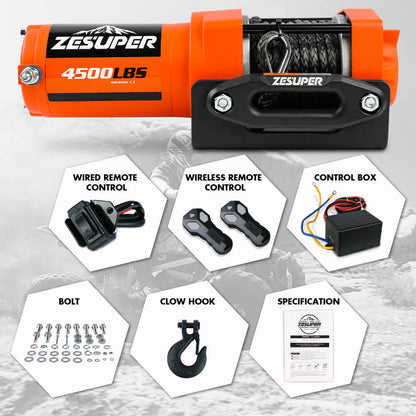 ZESUPER 12V Electric Winch 4500lb Synthetic Rope Boat Winch ATV Winch Trailer Winch 4WD