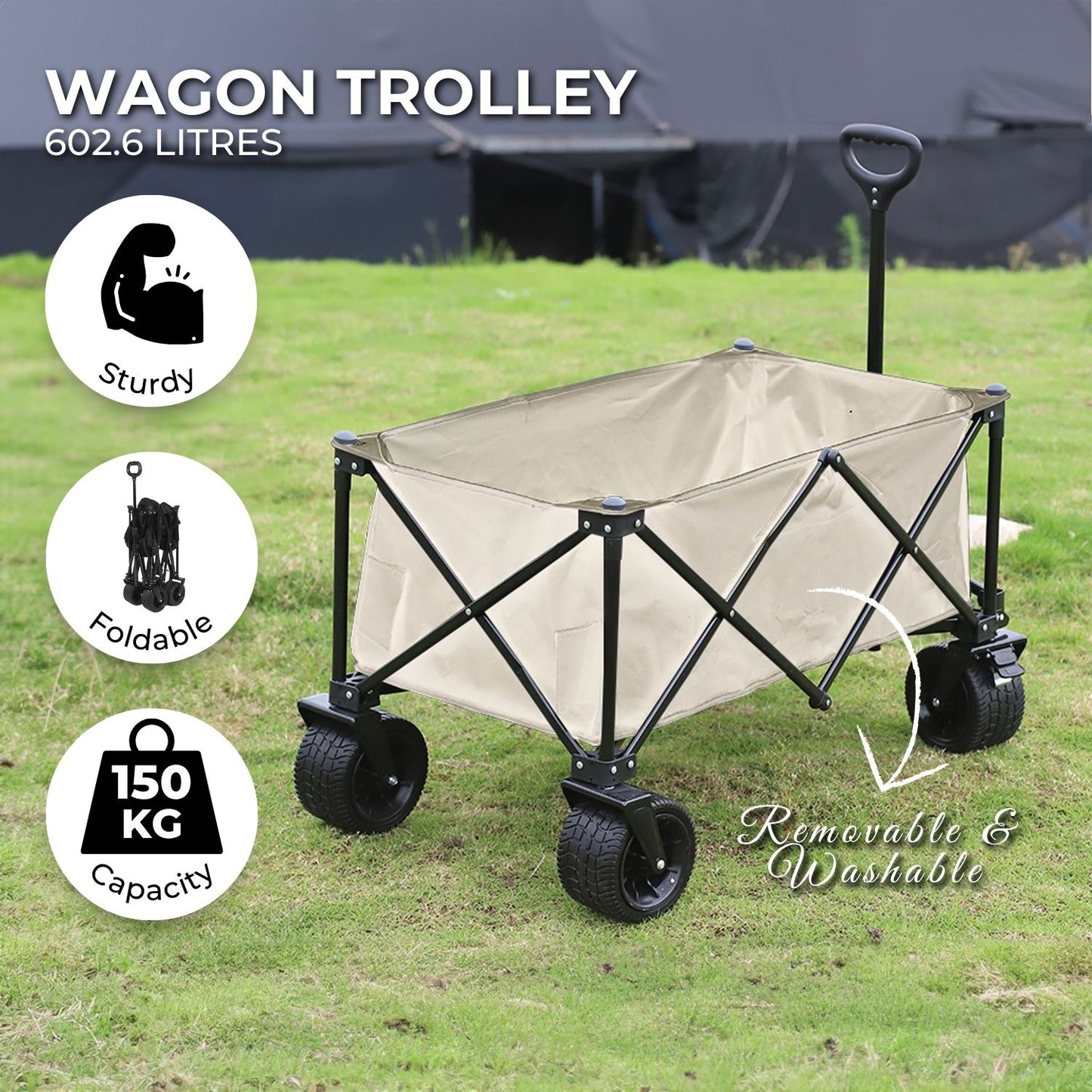 KILIROO Folding Wagon Trolley Cart with Wide Wheels and Rear Tail Gate (Khaki) KR-CPC-102-RJ