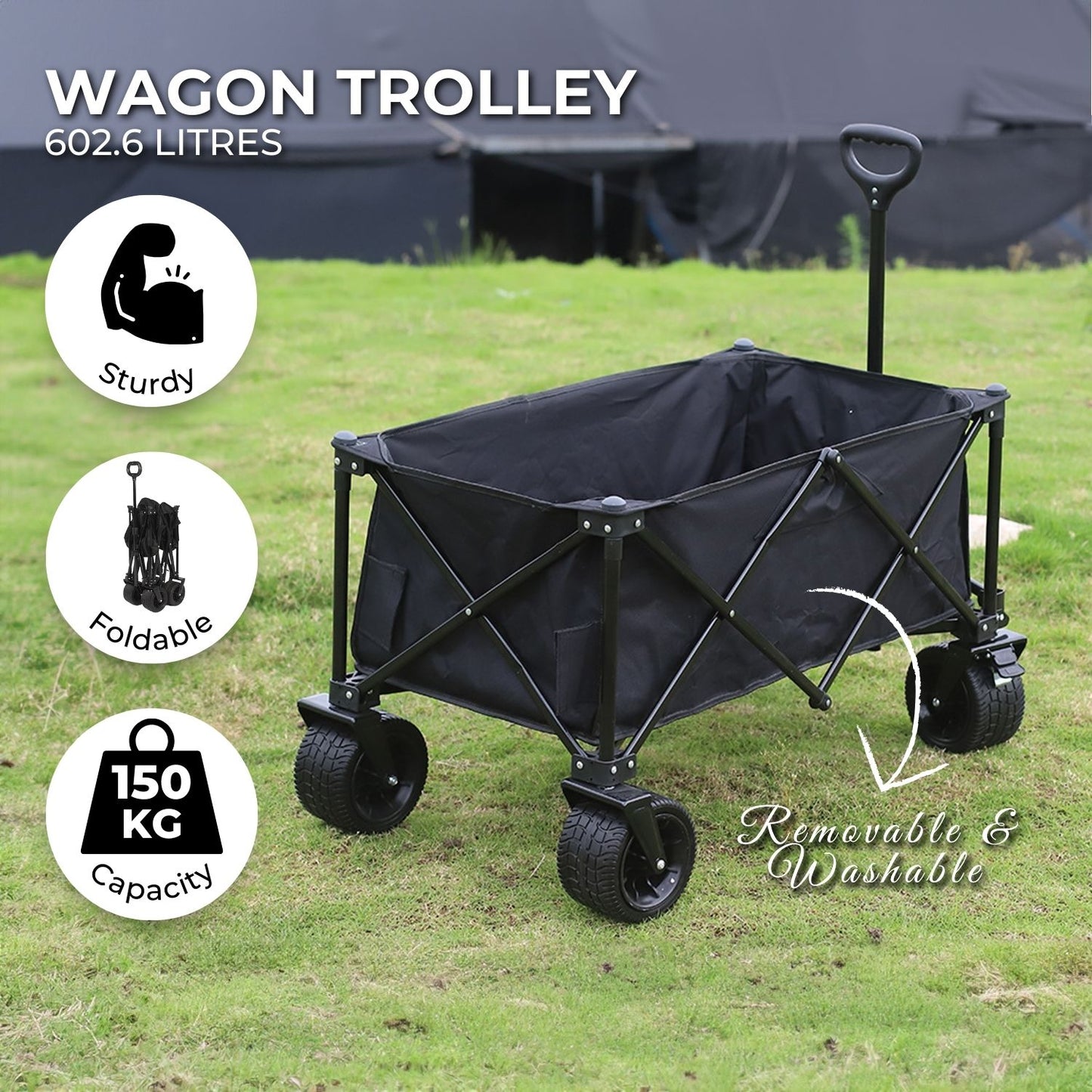 KILIROO Folding Wagon Trolley Cart with Wide Wheels and Rear Tail Gate (Black) KR-CPC-101-RJ