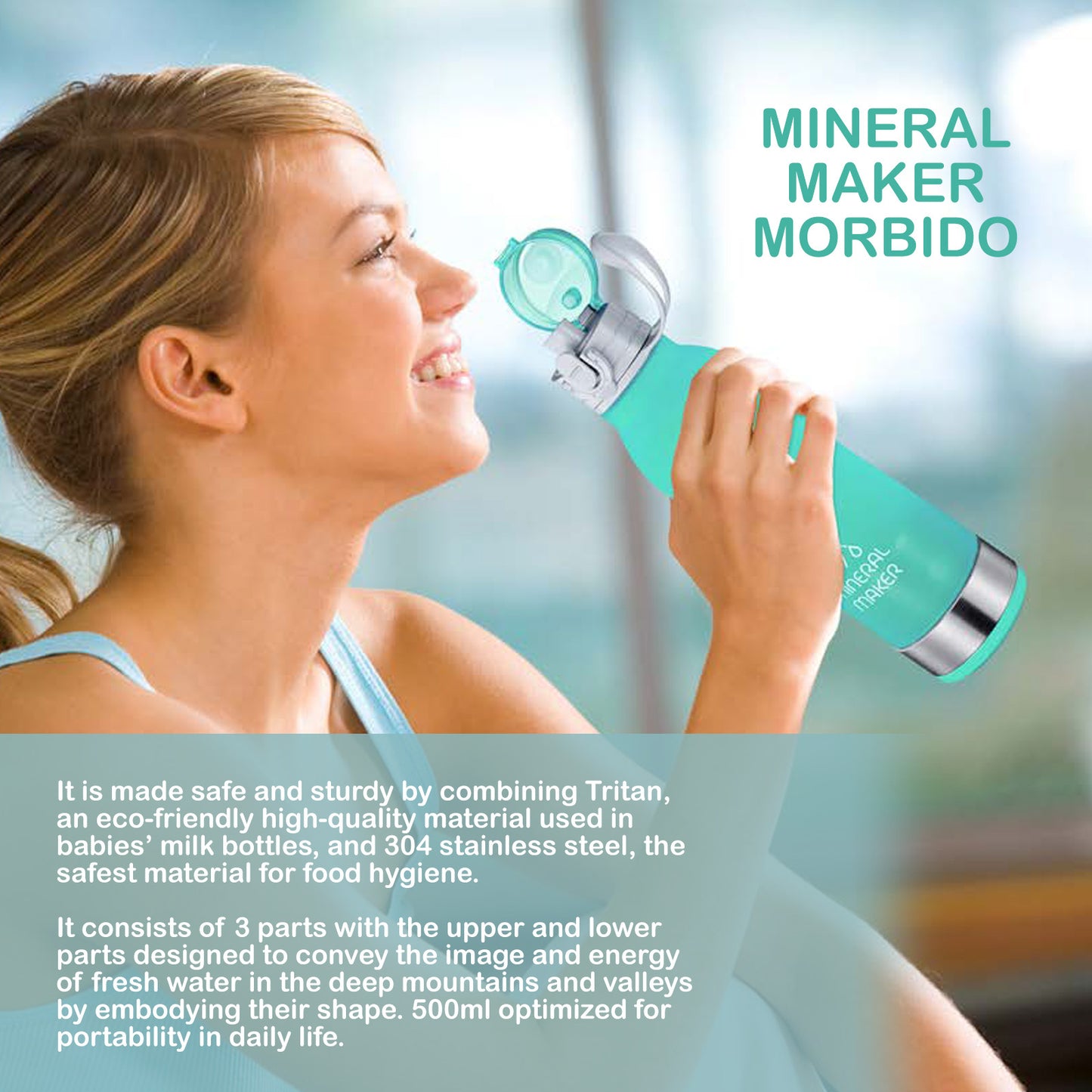 Mineral Maker MORBIDO Alkaline Filter Water Bottle + a Mineral Stone Pouch GREEN